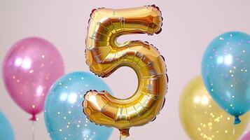 Golden number 5 balloon with soft pastel tones and sparkles, whimsical birthday celebration, gentle color scheme photo