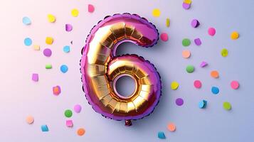 Glossy number 6 balloon with confetti around, cheerful birthday setup, vibrant and full of color photo