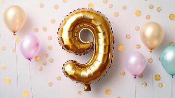Golden number 9 balloon surrounded by sparkles in pastel tones, dreamy and whimsical birthday theme photo