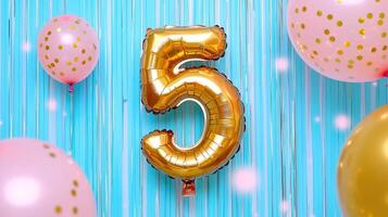 Golden number 5 balloon with soft pastel tones and sparkles, whimsical birthday celebration, gentle color scheme photo