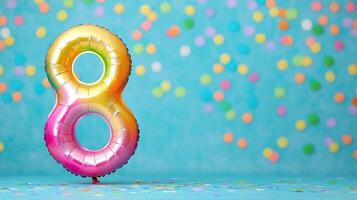 Rainbow-colored number 7 balloon with vibrant background, festive birthday decor, colorful and fun photo