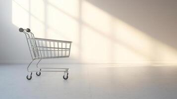 Single empty cart in bright, minimal studio with soft shadows, futuristic and modern design, representing minimal consumer needs photo