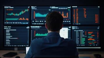 Scientist Analyzing Predictive Models on Multiple Screens photo