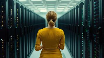 Woman in a data center analyzing server racks, female leadership in tech, advanced technology setup photo