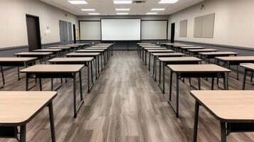 Open and Empty Classroom with Neatly Arranged Desks photo