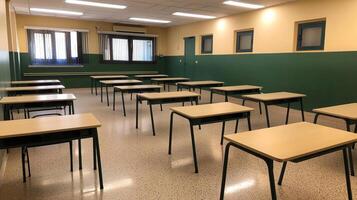 Neatly Arranged Desks in an Empty Room photo