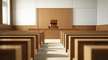 Empty courtroom with raised judge's chair, symbolizing the position of authority and decision-making photo