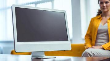 Empty Screen on Desk in Bright Office Setting photo