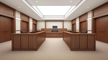 Empty courtroom with raised judge's chair, symbolizing the position of authority and decision-making photo