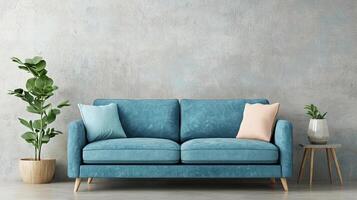 3D rendering of a living room featuring a stylish green sofa for a vibrant atmosphere. photo