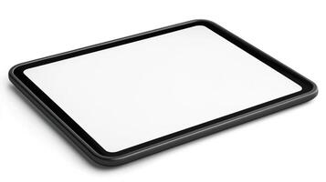 Black tablet computer with a blank screen, isolated on a white background for product showcasing. photo