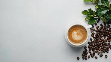 Hot espresso and coffee beans on a table, top view with soft-focus background ambiance. photo