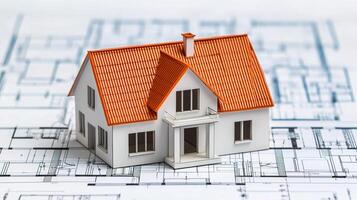 Architectural design drawings with building model on blueprint floor plan, 3D rendering. photo