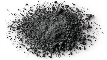 Black charcoal dust and gunpowder texture isolated on a white background, top view perspective. photo