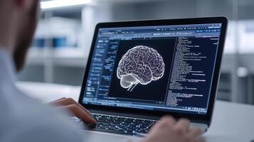 Businessman utilizing AI technology for data analysis, coding on a laptop with a digital brain interface. photo