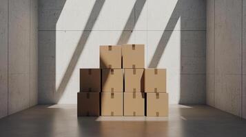 Minimalist background of stacked cardboard boxes in an empty room, symbolizing relocation. photo