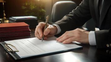A workplace where a person is wearing a formal suit and is intently writing on a piece of paper, next to three stacked red folders photo