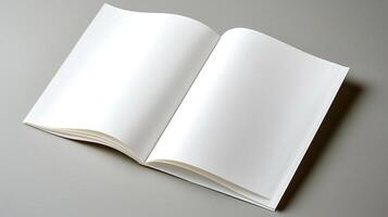 Two blank white sheets of paper, resembling a folded brochure or booklet, are placed against a grey background, with the left sheet slightly overlapping the right sheet photo