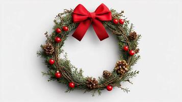 Christmas wreath with red bow on white, clipping path. photo