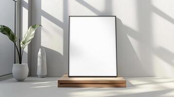 Grey gallery room render with a drawer and mockup frame for artwork. photo