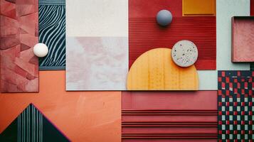 flat lay composition of geometrical peace of different texture, pattern or kind material and colors photo