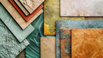 flat lay composition of geometrical peace of different texture, pattern or kind material and colors photo