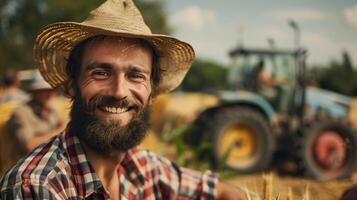 Portrait of a bearded joyful farmer, near other farmers near his tractor photo