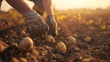 Agricultural workers planting potatoes, showcasing the hands in gloves on process photo