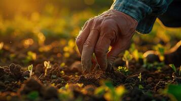 A farmer's hands carefully planting seeds in rich soil, captured against a vibrant green field photo