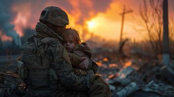Double exposure of Ukrainian soldier hug little child with city in ruins photo