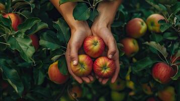 Hands holding freshly picked apples in an orchard, against a lush green apple tree backdrop photo