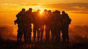 Group of Ukrainian veterans embracing each other with tears of joy photo