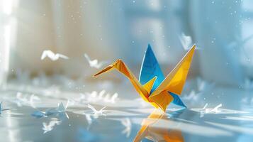 A single yellow and blue origami crane placed on a white surface, symbolizing peace and resilience photo
