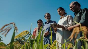 Data analyst and a farmer collaborating on crop optimization using digital tools photo