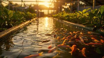 Aquaponics system with fish and plants symbiotically growing photo