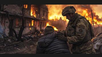 Double exposure that combines an brave Ukrainian soldier silhouette against rockets falling on city and makes explosion photo