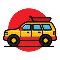 A yellow suv with a surfboard on top vector