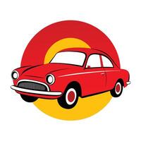 A red car in a circle with a yellow sun in the background vector