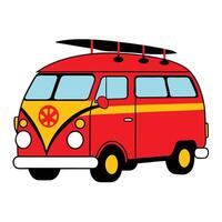 A red van with a surfboard on top vector