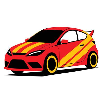 A red and yellow car with a yellow stripe