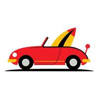 A red car with a surfboard on top vector