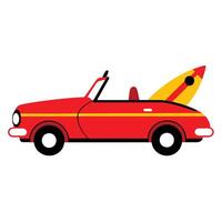 A red car with a surfboard on top vector