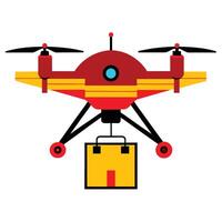 A red and yellow drone with a box on top vector
