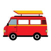 A red van with a surfboard on top vector