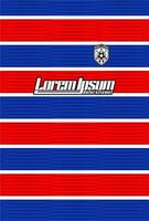 A red, white and blue striped background with the word loranbison vector