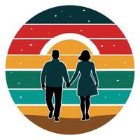A couple holding hands in front of a sunset vector