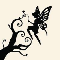 Silhouette of a fairy flying over a tree vector