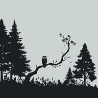 Silhouette of owl sitting on a tree branch in the forest vector