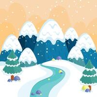 Snowy mountains and winding stream in winter, vector