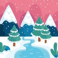 Snowy forest with river and mountains, vector